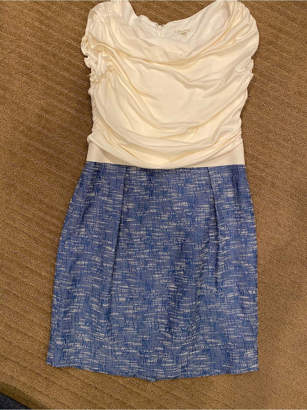 Shoshanna Size 12 Cream Ruched Top with Blue Textured Skirt Mini Dress